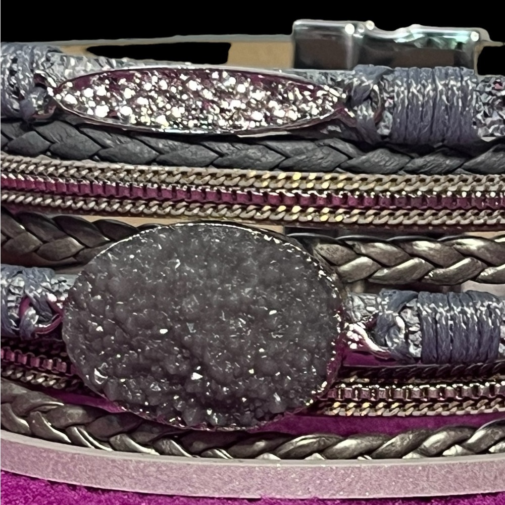 Boho Multilayer Leather Bracelet with Druzy Stone & Magnetic Clasp